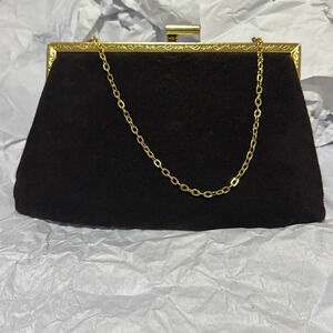 Vintage Etra Suede Clutch Purse with Gold Tone Hardware and chain handle.